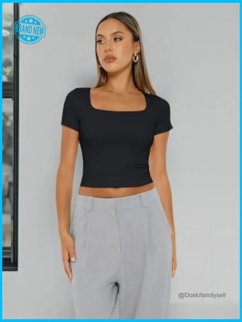 Double Lined Short Sleeve Crop Top Square Neck Slim Fit Tee Y2K Top